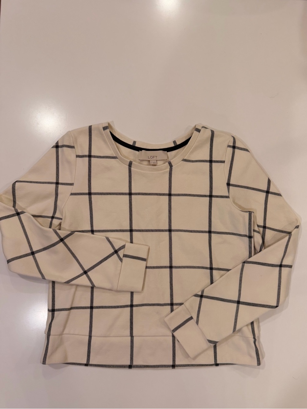 LOFT Cream Black Windowpane Plaid Sweatshirt Pullover S